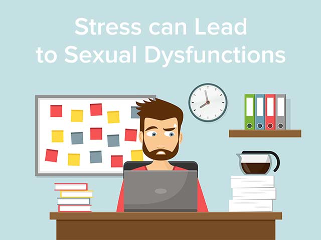 An illustration of a stressed man with erectile dysfunction sitting at his work desk